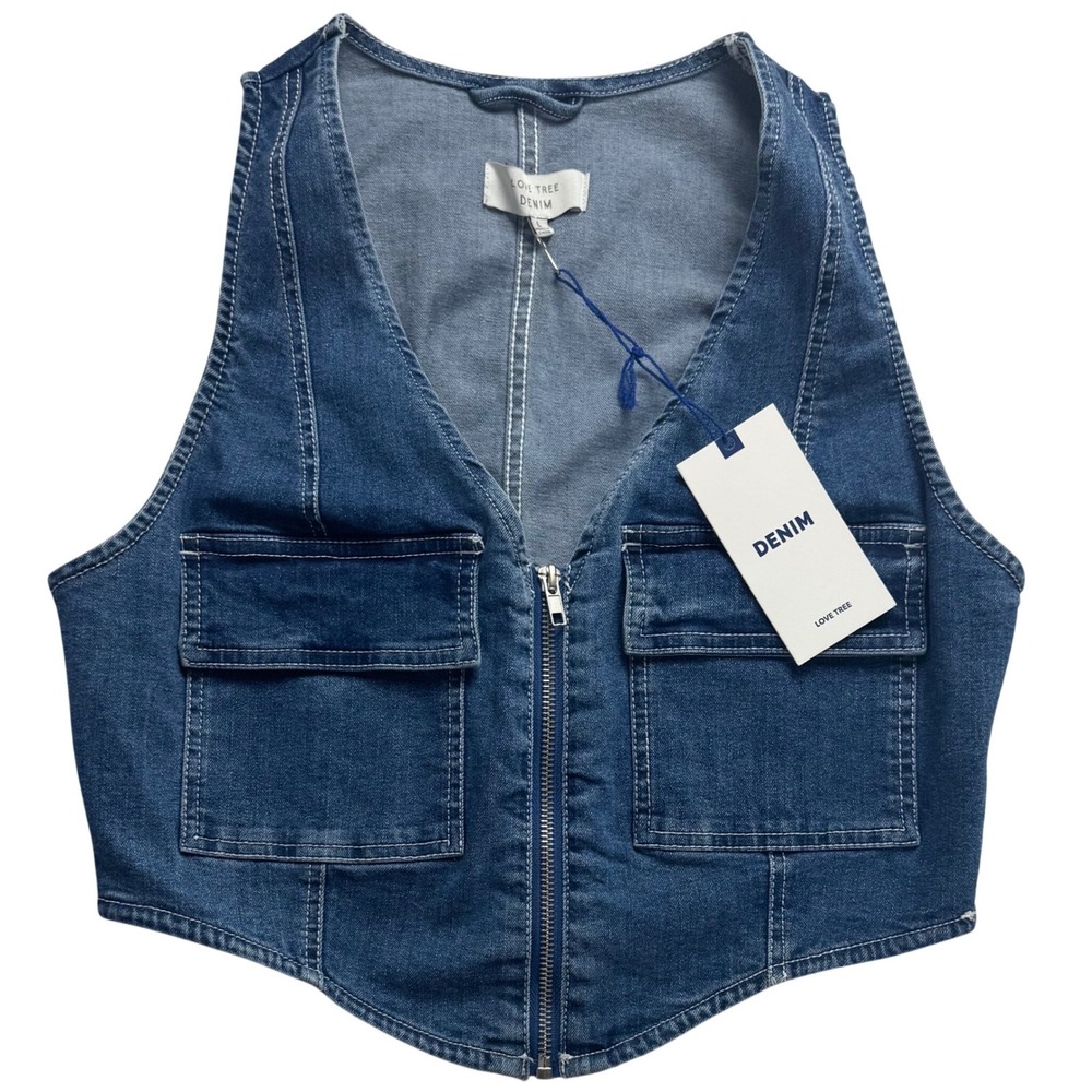 Love Tree Denim Cropped Zip Front Vest Blue Medium Wash Utility Corset Hem Large